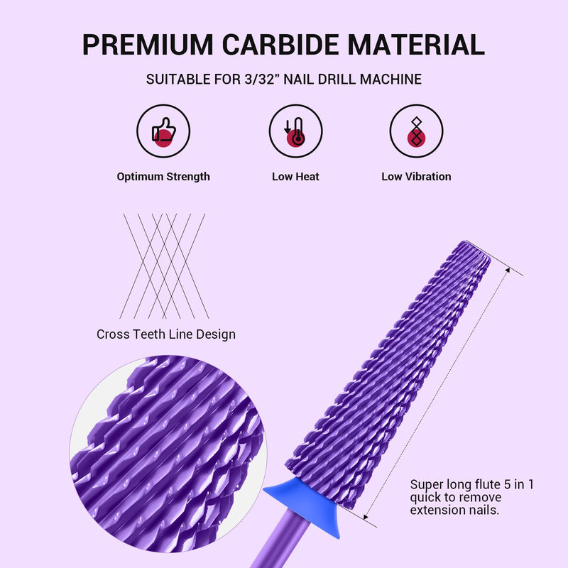 MelodySusie Super Long 5 in 1 Nail Drill Bits, 3/32'' Carbide Tungsten Bits, Suitable for Manicure Pedicure Cuticle Gel Polishing, Professional Advanced Bits, Purple, Series Bit-X, Medium Medium-M - BeesActive Australia