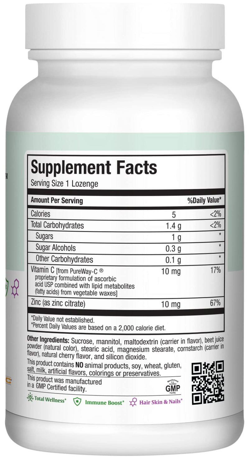 Maxi-Health Zinc Lozenges - Zinc Citrate 10mg - with Vitamin C - Cherry Flavor - 60 Chewables - Kosher