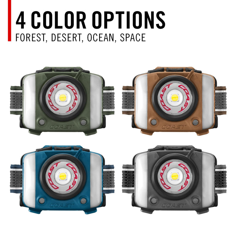 Coast FL97R Voice-Controlled 1200 Lumen Rechargeable LED Headlamp with Pure Beam® Spot & Flood, ARC Lighting, Red & Green Color Modes, Glide Focus™ Radial Arm Dial and USB-C Charge Port, Ocean Blue - BeesActive Australia