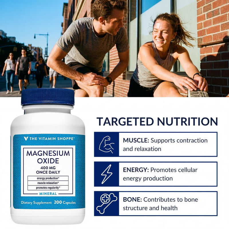 The Vitamin Shoppe Brand Magnesium Oxide 400 mg, Bone Support, 200 Count | Daily Magnesium Mineral for Muscle Relaxation, Bone Health & Energy Production Support for Men & Women, Dairy & Gluten Free