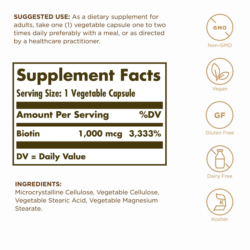 Solgar Enhanced Potency Biotin for Hair, Skin & Nails - 1,000 MCG (250 Vegetable Capsules) 1 Count (Pack of 1)
