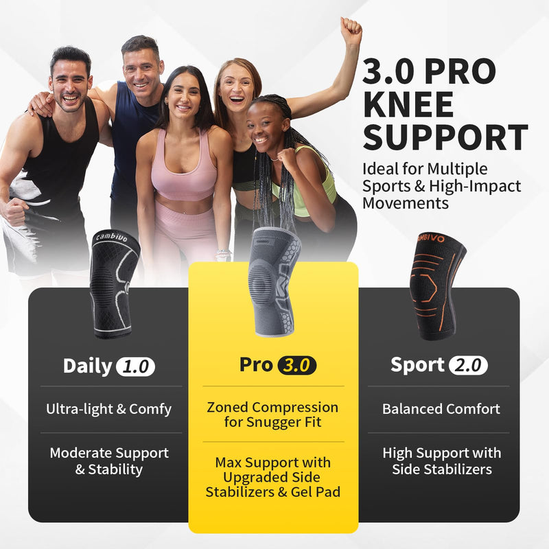 CAMBIVO 2 Pack Knee Brace for Men and Women, Knee Sleeves for Men with Patella Gel Pad and Side Stabilizers, Knee Compression Sleeves for Knee Pain Relief, Running, Workout, Daily Use Gray Large