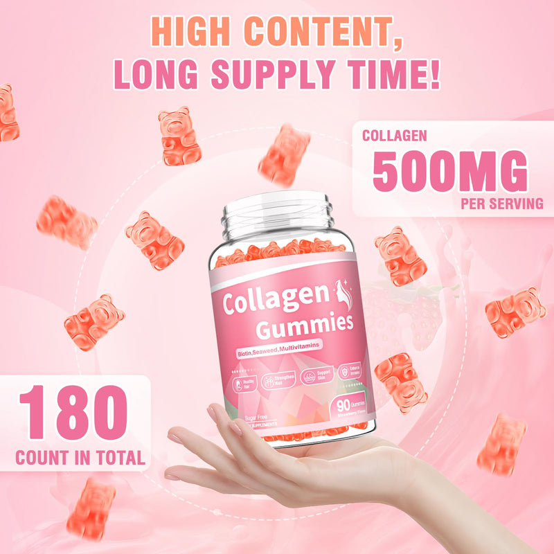 180 Count Collagen Gummies Collagen Protein Type I II III V X with Biotin Vitamin C A B D E Keratin Hyaluronic Acid for Hair Skin Nails Joint Immune Digestion Women Men Sugar Free Strawberry 90 Count (Pack of 2)
