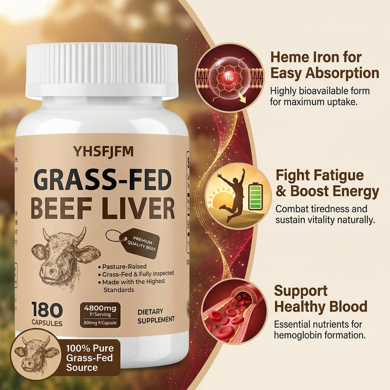 Premium Grass-Fed Beef Liver Capsules 4800mg - 180 Count | Pasture Raised, Fully Inspected | Natural Iron, Vitamin A, B12 for Energy & Immune Support | Dietary Supplement 30 Days Supply