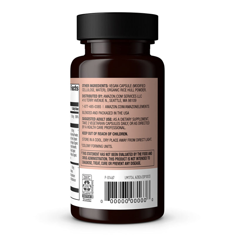 Amazon Elements - Whole Food Vitamin C, 95% Whole Food Source, Dietary and other ingredients derived from whole foods, Non-GMO verified ingredients, vegan certified, and gluten free, 60 capsules 60 Count (Pack of 1)