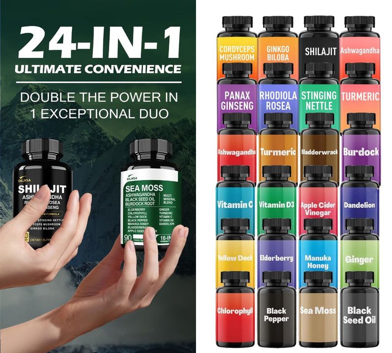 Shilajit 9000mg, Sea Moss 17500mg, Ginger & Black Seed Oil 4000mg, Ashwagandha 5000mg, Rhodiola Rosea, 1000mg Panax Ginseng 1500mg, All in 1 Supplement - Sea Moss & Shilajit Vitality Bundle - BeesActive Australia