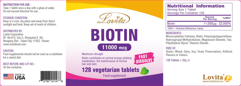 LOVITA Biotin 11,000 mcg, 128 Vegan Tablets | Hair Skin & Nails Vitamin B7, non-GMO, Gluten-Free, 128-Day Supply