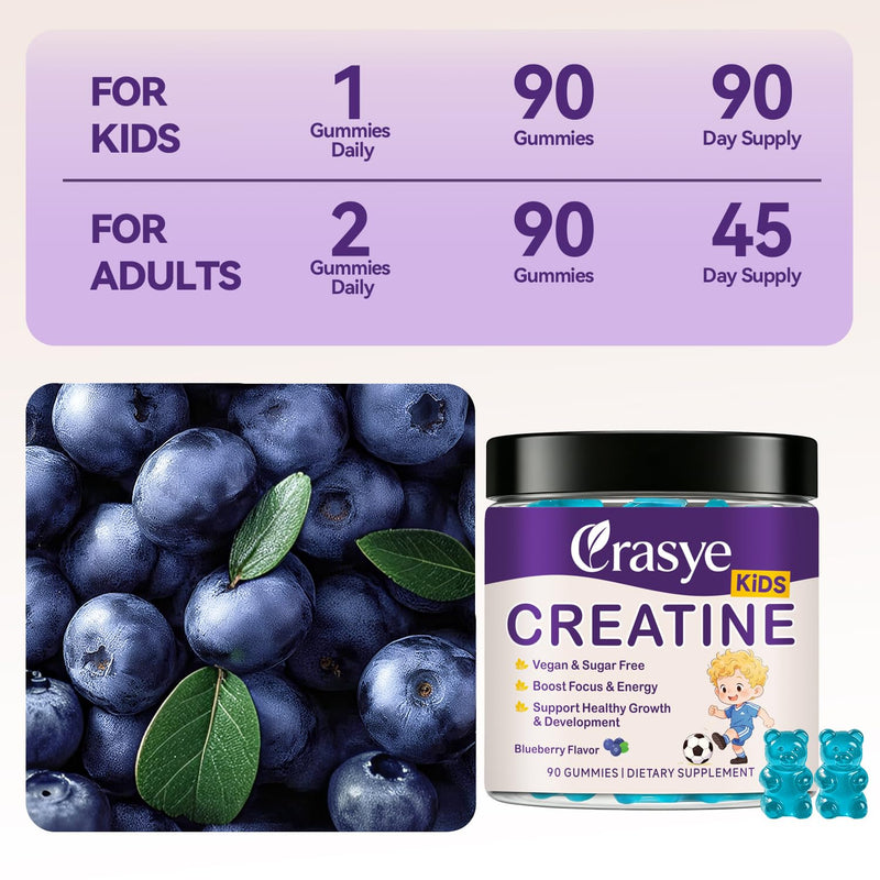 Creatine Gummies for Kids and Teens with Vitamin B12 | Sugar Free Creatine Monohydrate Gummy Support Children Growth Blueberry Flavor 90 Gummies