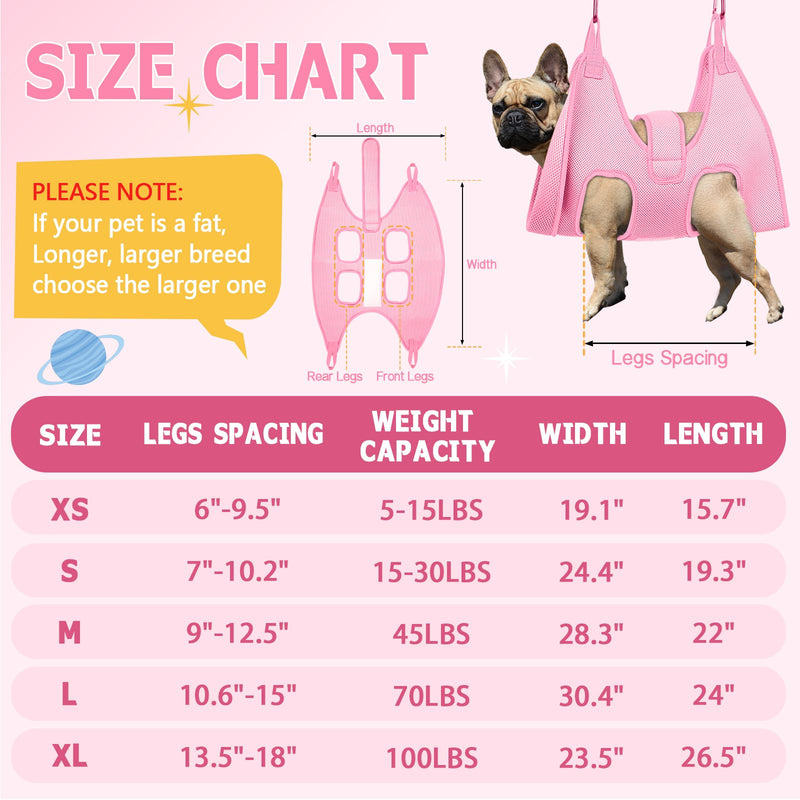 Supet Dog Grooming Hammock, New Pink Small Dog Sling for Nail Trimming, Back Protect Dog Hanging Harness for Claw Care, Dog Nail Trimming Restraint with Thick Fabric XS（ Legs Spacing：6-9.5" / Max W：5-15LBS） - BeesActive Australia