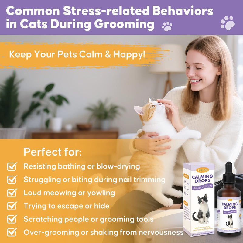 Cat Calming Drops for Grooming Travel & Vet Visits – Natural Supplement with Melatonin and Valerian Root, Supports Relaxation Comfort and Calm Behavior in Stressful Situations