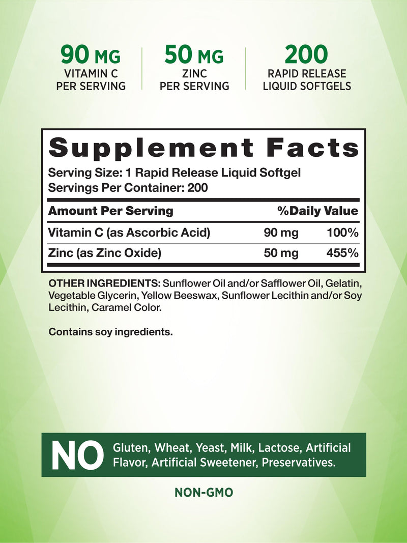 Nature's Truth Zinc 50mg with Vitamin C | 200 Liquid Softgels | Non-GMO & Gluten Free Supplement - BeesActive Australia