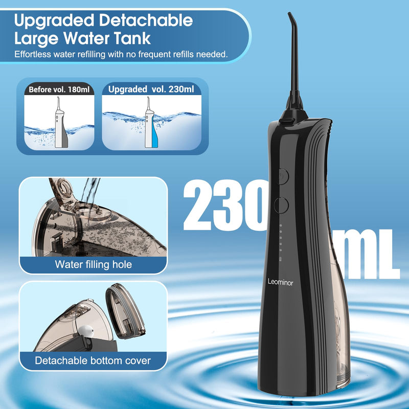 Leominor Water Dental Flosser - 5 Modes Cordless Portable Oral Irrigator, IPX7 Waterproof, Rechargeable Teeth Cleaner Upgrade Datchable Tank Professional Flossing Cleaning Pick for Home Travel (Black) 230ml Black