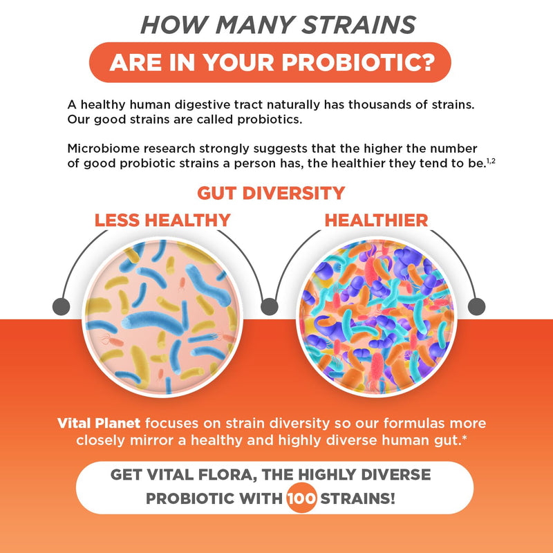 Vital Planet - Vital Flora Advanced Probiotic 100 Billion CFU, 100 Diverse Strains, 10 Organic Prebiotics, Immune Support, Digestive Health Shelf Stable Probiotics for Women and Men 30 Capsules
