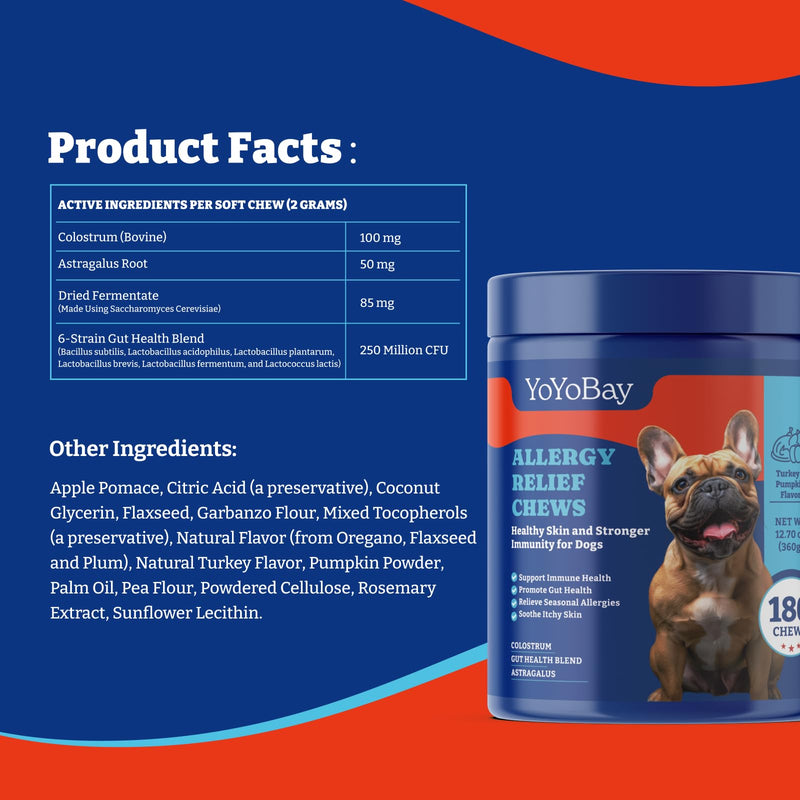 Dog Allergy Relief Chews – 180 Soft Chews, Turkey & Pumpkin Flavor - Immune Support & Itch Relief with Colostrum, Astragalus Root, 6-Strain Gut Health Blend 180 Count (Pack of 1)