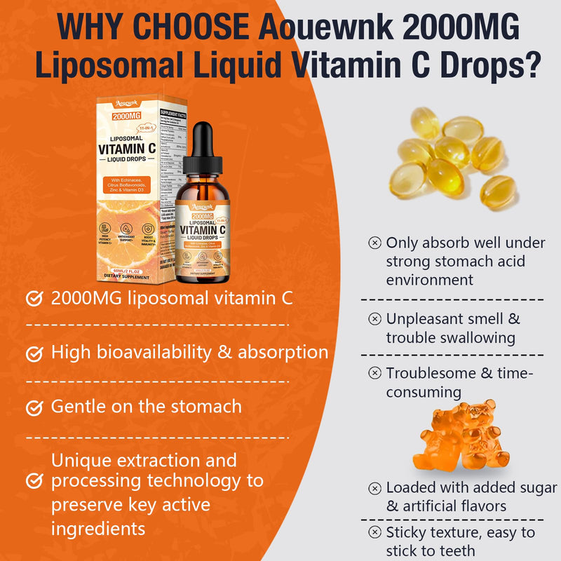 2 Packs Liquid Vitamin C Drops 2000mg, 11-in-1 Liposomal Vitamin C Complex | Support Antioxidant, Skin & Immunity| for Women & Men| with Rose Hips, Echinacea, Citrus Bioflavonoids, Zinc & Vitamin D3 2 Fl Oz (Pack of 2)