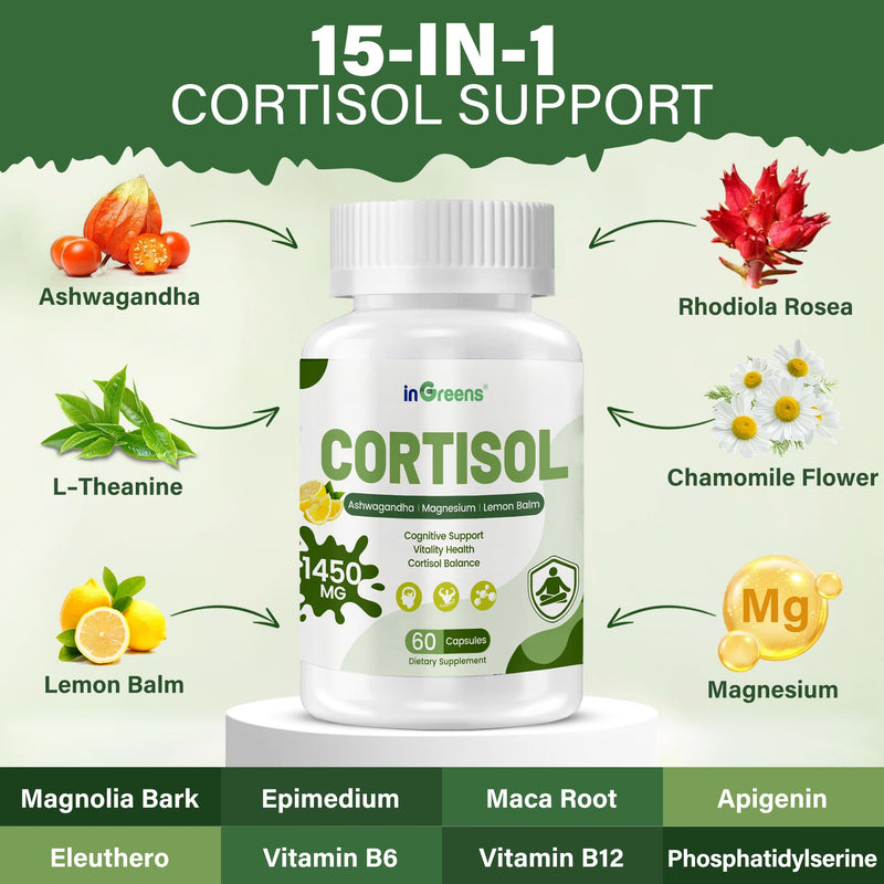 inGreens Cortisol Supplement, 15-in-1 Cortisol Manager with Ashwagandha, L-Theanine & Magnesium, Supports Cortisol Health, Relaxation & Restful Sleep, 120 Capsules 60 Count (Pack of 2)