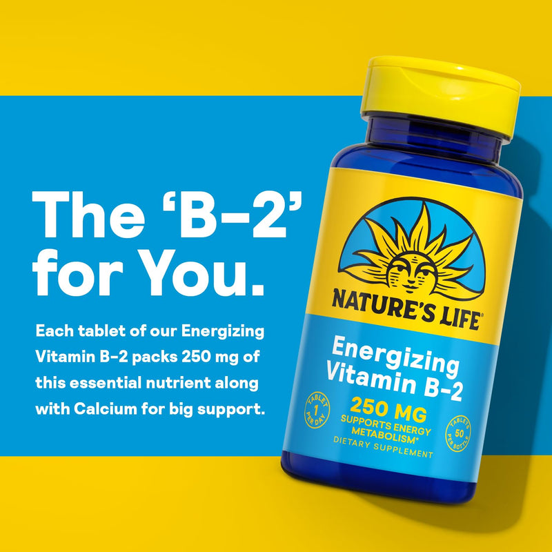 Nature's Life Vitamin B-2 250 mg - Vitamin B2 Energy Pills for Metabolism Support - High-Potency Riboflavin Plus Calcium Supplement - One Per Day - 50 Servings, 50 Tablets 50ct