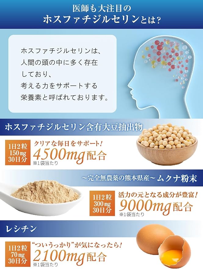 Phosphatidylserine PS supplement 1 bag 4500mg 30 days supply 60 tablets 2 tablets per day 150mg Pesticide-free Mucuna lecithin from Kumamoto Prefecture Ginkgo biloba DHA Domestic production - BeesActive Australia