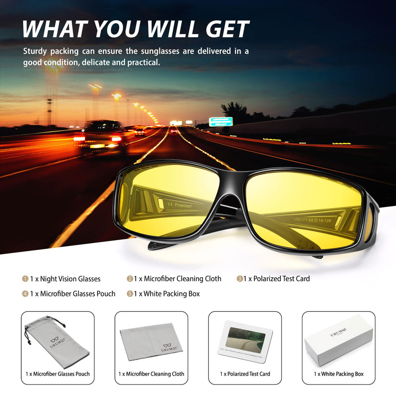URUMQI Night Vision Driving Glasses Fit Over Glasses for Men Women, Anti Glare Polarized Nighttime Glasses HD Yellow Lens A08 Glossy Black Frame/Night Vision Lens - BeesActive Australia