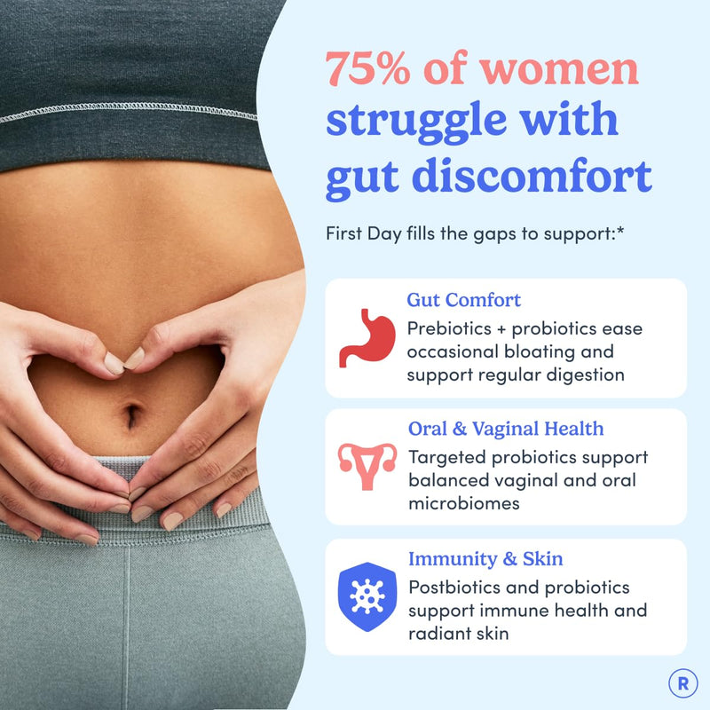 FIRST DAY Probiotic Gummies for Women, 3-in-1 Prebiotic + Postbiotic, 60ct | Vegan women probiotic gummies with kiwi and 4B CFU; 3-in-1 blend for digestive, oral and vaginal health, 30-day supply. 60 gummies - Bottle