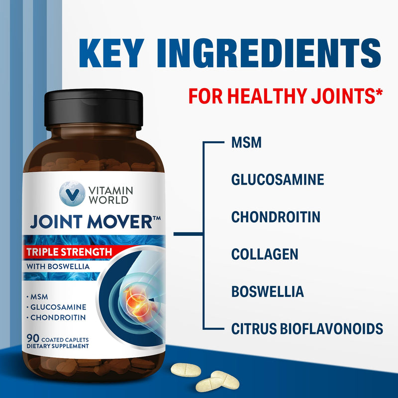 Vitamin World Triple Strength Joint Mover, Glucosamine Chondroitin with MSM | Joint Support Supplement, Collagen & Boswellia Serrata Extract, Support Joint Strength, Comfort & Flexibility, 90 Caplets 90 Count (Pack of 1)