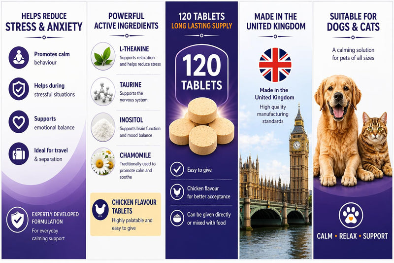 Calming Tablets for Dogs & Cats – Anxiety & Stress Relief – 120 Tablets – Helps with Fireworks & Separation Anxiety – With L-Theanine, Taurine & Chamomile