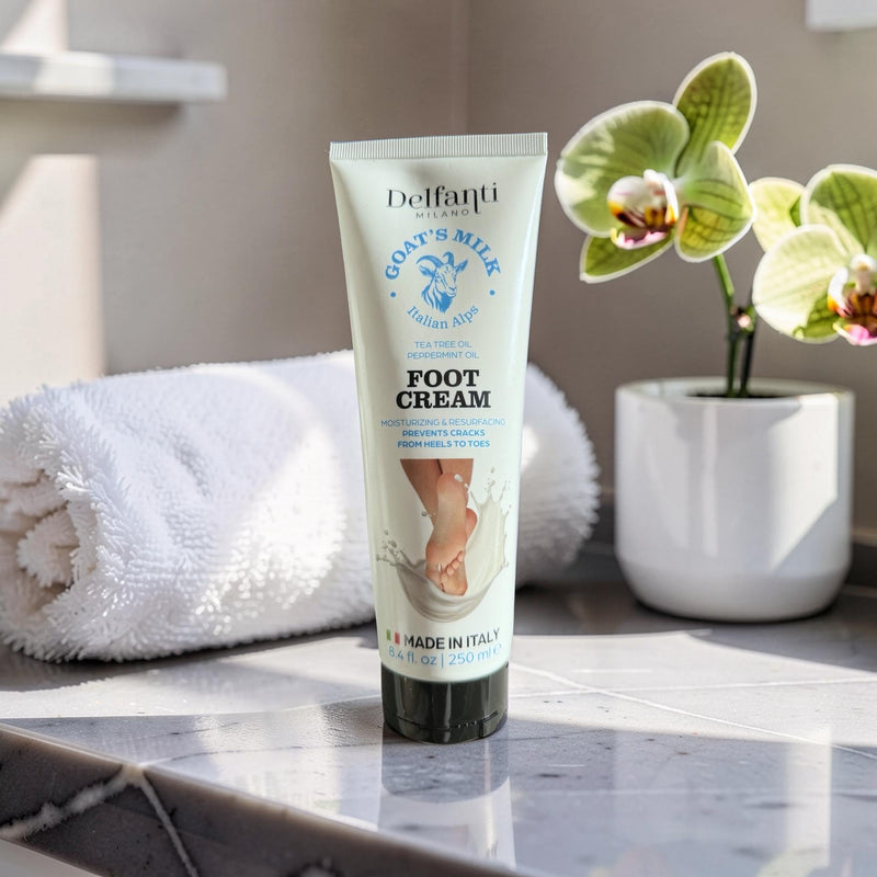 Delfanti-Milano - Goats Milk Moisturizing and Resurfaceing Foot Cream • Tea tree and Peppermint oils • 8.4 oz 250mL • Made in Italy