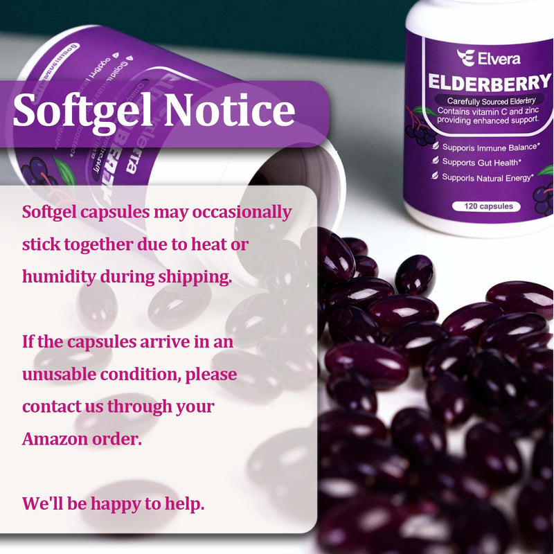Elderberry - Elvera Elderberry Gut Support, 1200mg Elderberry Extract, Vitamin C, Zinc for Digestive Balance, Immune Support | Vegan, Non-GMO | 120 Soft Capsules 1pc