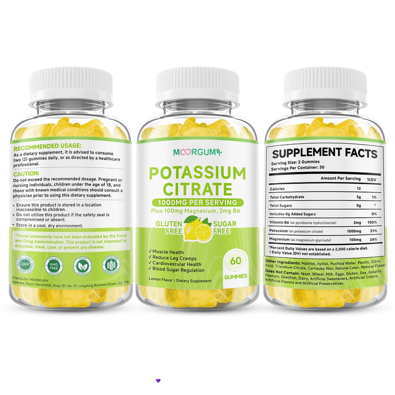 Potassium Citrate 1000mg Gummies, Potassium Supplement for Adults Women and Men, with Magnesium, Vitamin B6 Chewable Supplements, Support Electrolyte Balance, Muscular & Nerve Function, 120 Count 60 Count (Pack of 2)