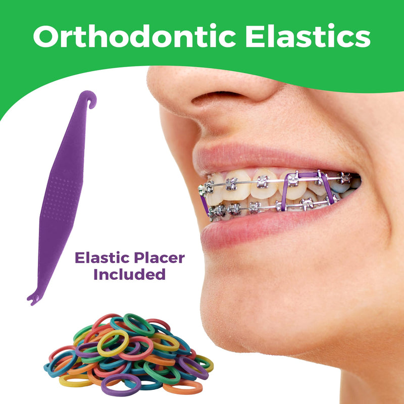 Orthodontic Rubber Bands for Braces - Premium Quality Elastic Teeth Rubber Bands for Braces, Fix Tooth Gaps, Dreadlocks, Includes Free Elastic Placer - Medium Force 3.5 oz, 1/4 Inch, Neon (100 Pack) 100 Pack Neon - Medium