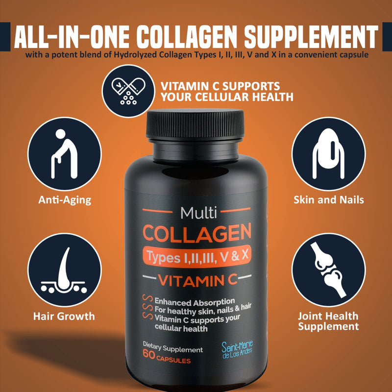 Multi Collagen Pills (Types I, II, III, V & X) + Vitamin C + Absorption Enhancer (1 Month Supply) - Collagen Supplements to Support Hair, Skin, Nails, Joints, & Gut Health