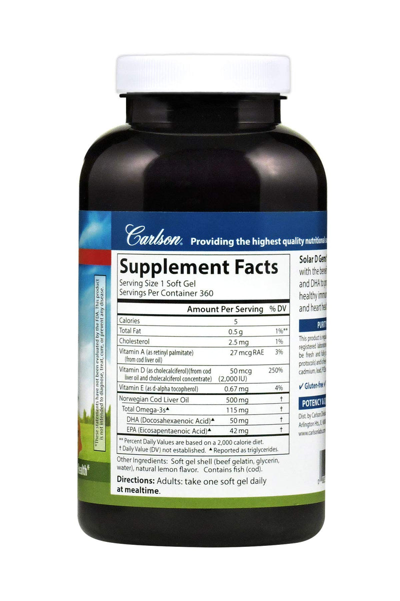 Carlson - Solar D Gems, Vitamin D3 and Omega-3 Supplement, 2000 IU Vitamin D3, 115 mg Omega-3s EPA and DHA, Vitamin D Fish Oil Capsule, Bone & Immune Health, Vitamin D Supplement, Lemon, 360 Softgels 360 Count (Pack of 1)