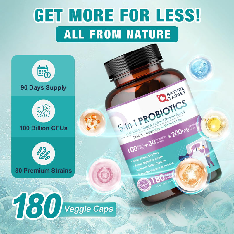 NATURE TARGET Probiotics for Women and Men, 180 Veggie Capsules | Probiotic with Prebiotics, 100 Billion CFUs for Digestive, Gut and Immune Health, 90 Days Supply 180 Count (Pack of 1)