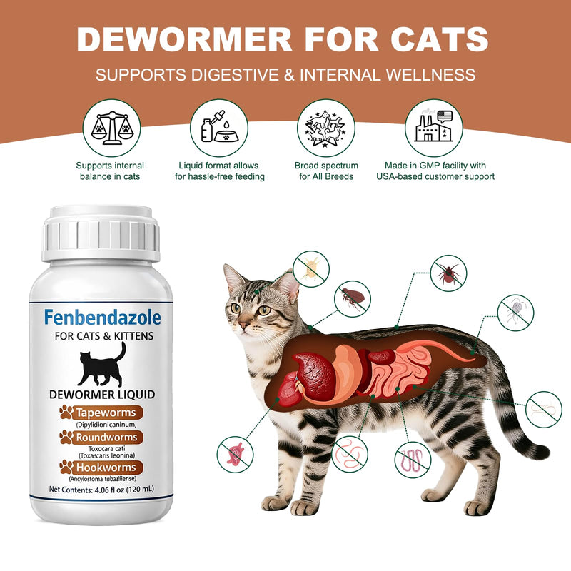 Cat Dewormer for Cats – Fenbendazole Liquid Broad Spectrum Wormer for Tapeworms, Roundworms & Hookworms, 120 mL (4.2 fl oz)
