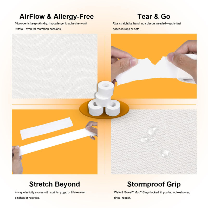 Athletic Tape, White Cotton Elastic Sports Tape, Very Strong Easy Tear No Sticky Residue Tape for Ankle, Wrist, and Injury Taping, Suitable for Climbing, Basketball（1.5in*10yd） (White, 6 Pack) - BeesActive Australia