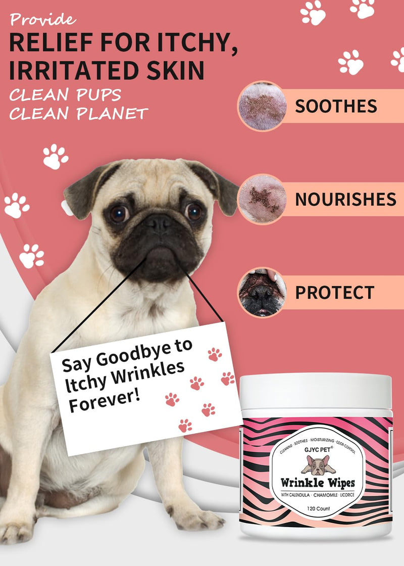 Natural Wrinkle Wipes for Dogs, 120 Count, Hypoallergenic Dog Wipes, Wrinkle Wipes French Bulldog, Cleaning & Deodorizing, Dog Wipes for Grooming Faces, Paws & Butts 120 CountWipe - BeesActive Australia