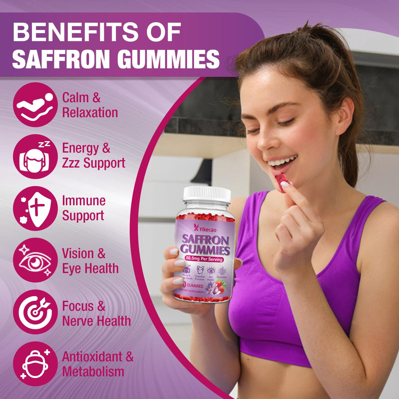 Saffron Supplements Gummies, 88.5mg Extract with Vitamin D3, B6, Magnesium, Ashwagandha, L-Theanine, Sugar-Free, Strawberry Flavor, 60 Count 1pack