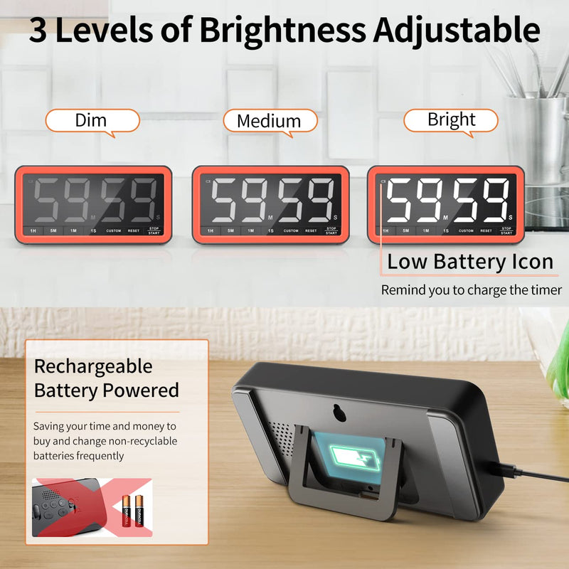 VOCOO Digital Kitchen Timer with 7.8” Extra Large Display, Magnetic LED, with 3 Brightness, 4 Alarms and 3 Volume Levels, Battery Powered Countdown Count Up Timer for Cooking, Classroom, Home Gym Black Red