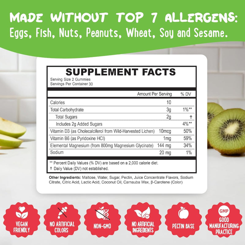 Magnesium Glycinate Gummies Supplement - Support for Sleep, Calm, Relax | Center-Filled, High Absorption for Kids, Teens & Adults with B6 & D3 - Gluten Free & Vegan Friendly 60 Count (Apple & Kiwi)