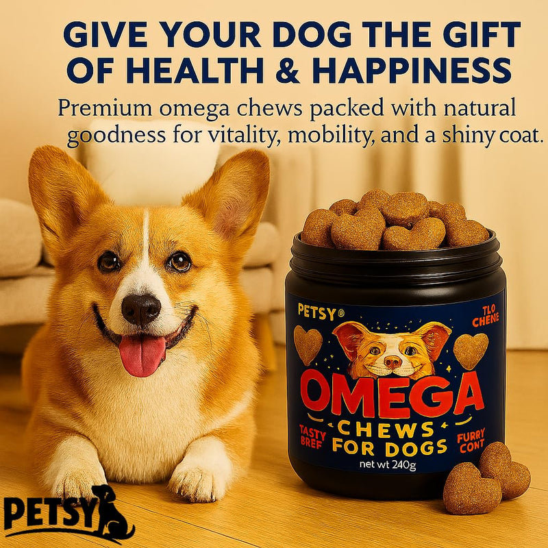 PETSY OMEGA 3 For Dogs Antioxidants Supplement UK, OMEGA 3 6 9, Daily Natural Wellness Treats 120 Supplement Heart Kidney Digestion vision Mobility Chews Puppy Adult Senior