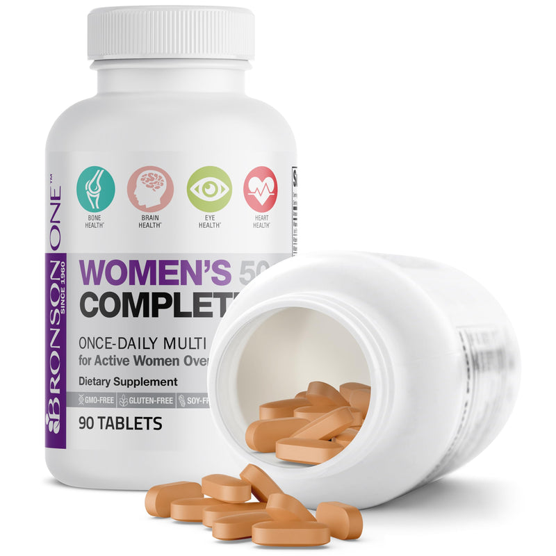 Bronson ONE Daily Women 50+ Complete Multivitamin Multimineral, 90 Tablets | Once-Daily, Targeted Nutrition For Active Women Over 50, Non-GMO, Gluten-Free, Soy-Free 90 Count (Pack of 1)
