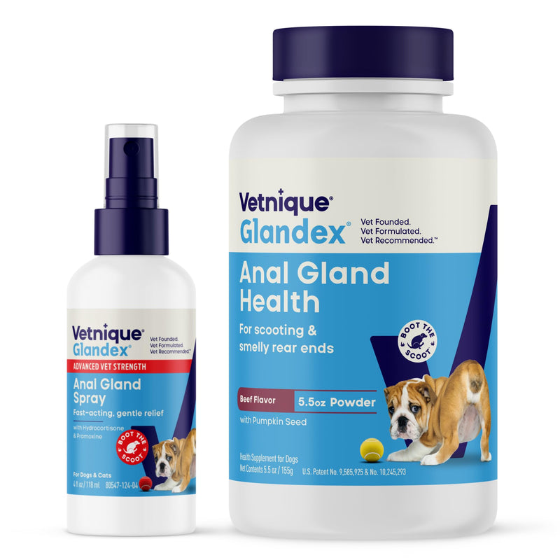 Vetnique Glandex Anal Gland Medicated Spray for Dogs & Cats (4oz) and Glandex Beef Liver Anal Gland Support Powder (5.5oz) Bundle