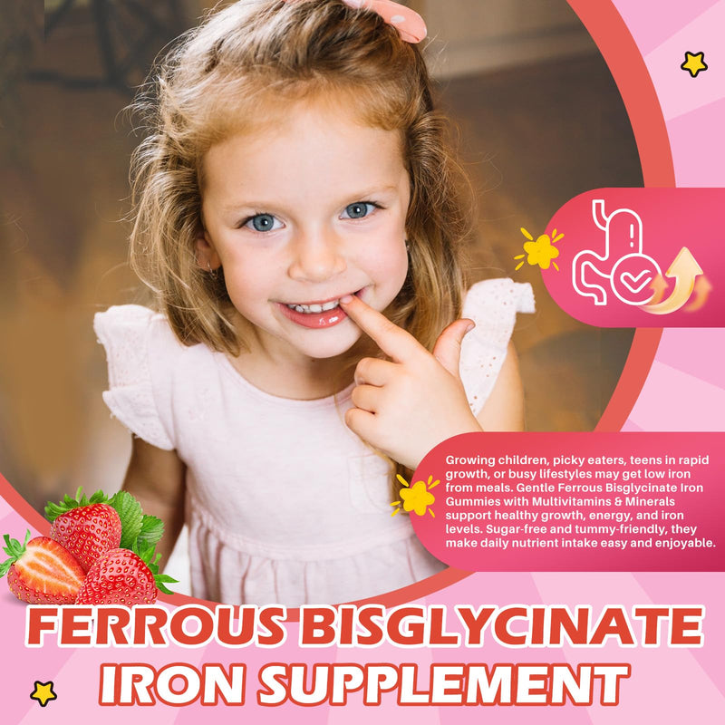 Iron Supplement Gummies for Kids with Multivitamin, Calcium, Zinc, Folate - Kids Iron Gummies Support Immune, Blood Builder, Iron Deficiency, Anemia & Energy - Vegan, Strawberry 60 Count 60 Count (Pack of 1)