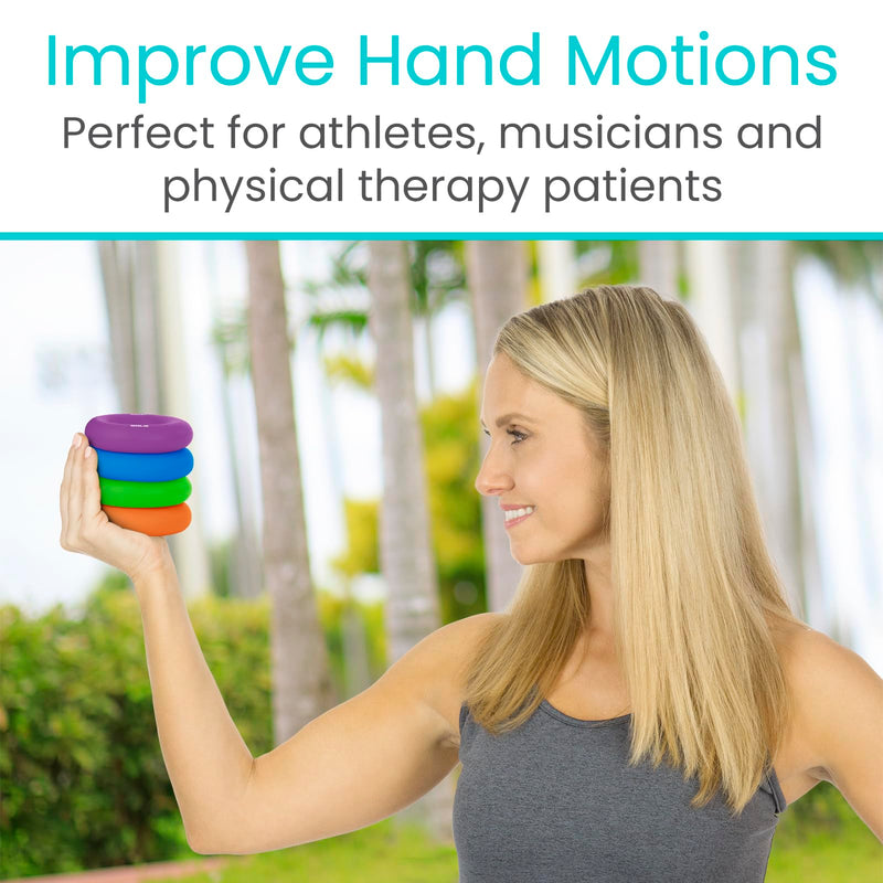 Vive Hand Strengthener Grip Ring - Forearm Ring Hand Exercisers - Silicone Squeezer Gripper for Muscle Strengthening Training Tool - Arthritis Finger Physical Therapy PT Kit Trainer Multicolor (4 Pack)