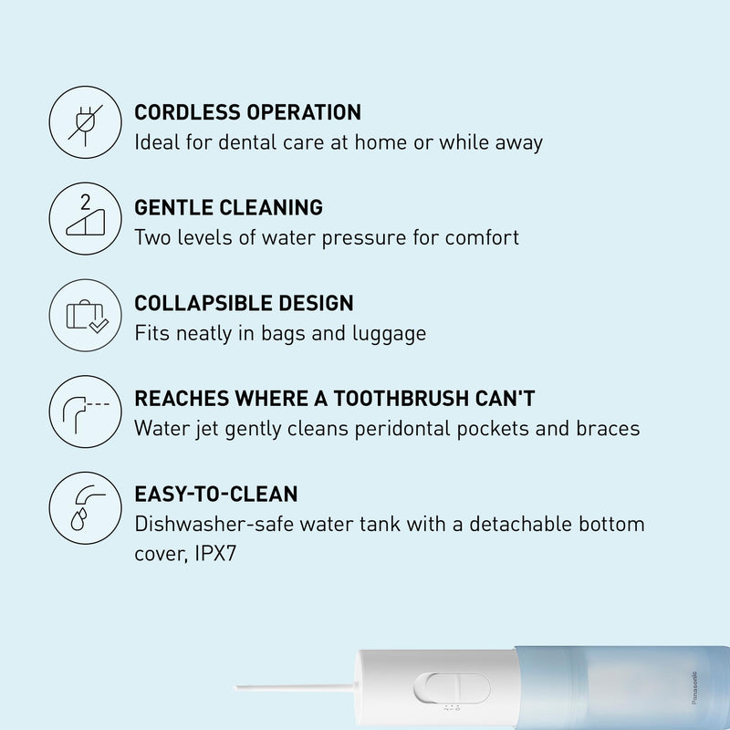 Panasonic Water Flosser for Travel, Cordless Portable Oral Irrigator with Two Water Pressure Settings, Collapsible Water Tank - EW-DJ11-A