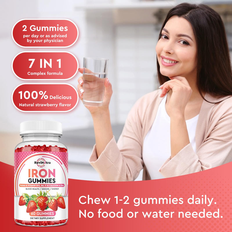 Iron Gummies - with Calcium, Zinc, Folate & Vitamin B12, C,B6 for Adults & Kids - Blood Builder & Energy Support for Iron Deficiency, Anemia, Vegan - 60 Gummies Strawberry 60 Count (Pack of 1) - BeesActive Australia