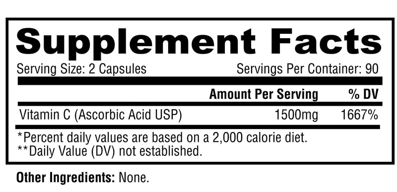 Metabolic Nutrition Vitamin C, 1500mg, Pure Pharma Grade, High Absorption Ascorbic Acid Capsules (180 caps) 1 Count (Pack of 180)