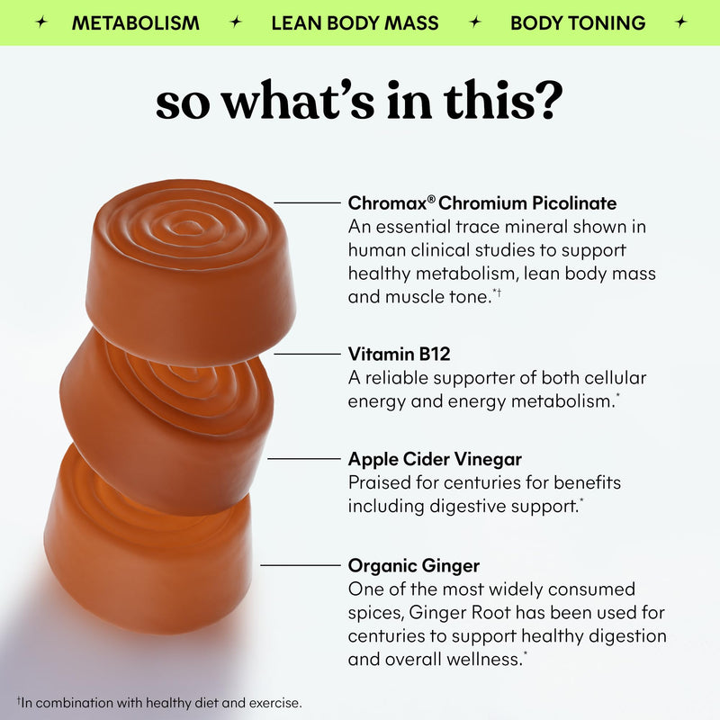 Lemme Tone Metabolism Gummies, Apple Cider Vinegar, Clinically Studied Chromium, B12, Ginger, Promote Lean Body Mass, Watermelon Apple Flavor (30 Day Supply) 60 Count (Pack of 1)