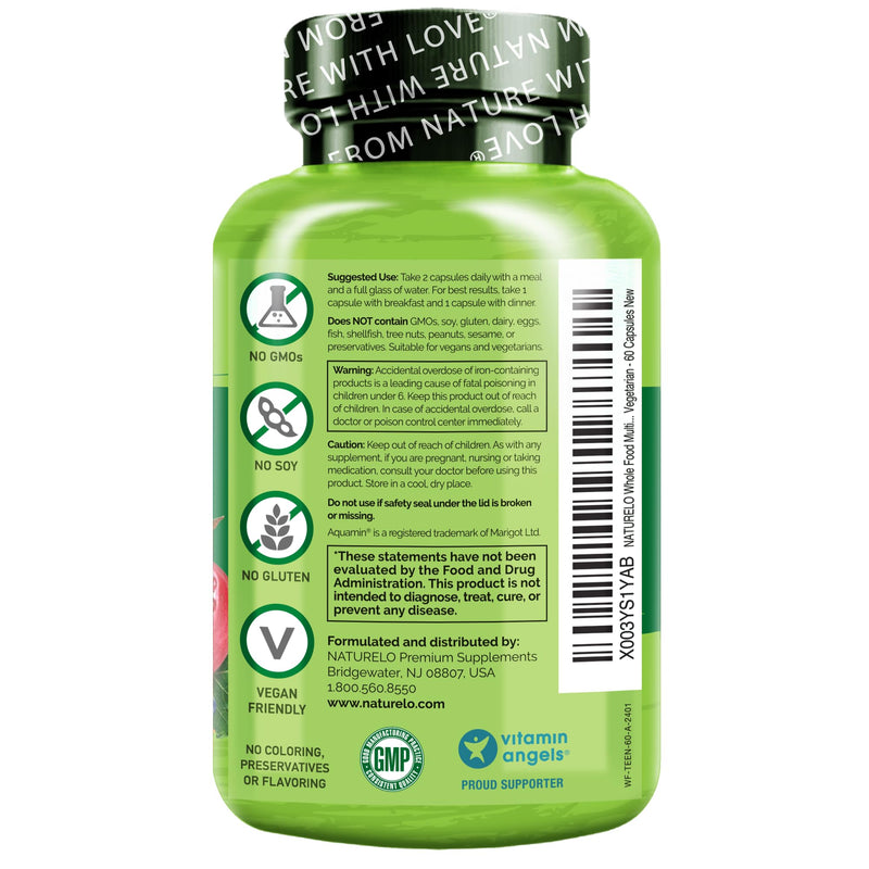 NATURELO Teen Multivitamin - Whole Food Multivitamin - with Minerals for Teenage Boys & Girls - Supplement for Active Kids - Non-GMO - Vegan & Vegetarian - 60 Capsules Unflavored 60 Count (Pack of 1)
