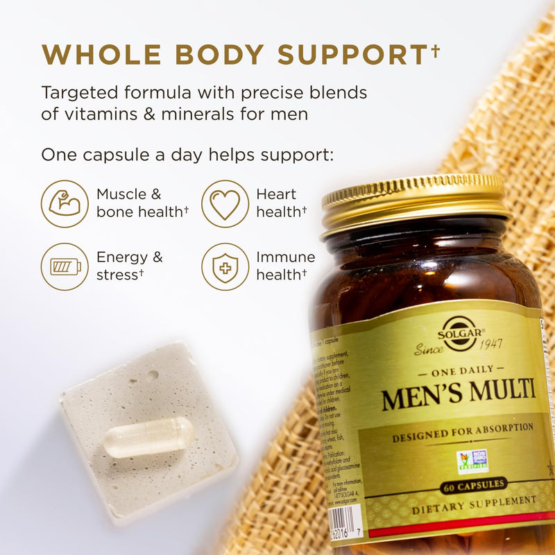 Solgar One Daily Men's Multivitamin Whole Body Support, 60 Servings | Supplement, Highly Absorbable Delayed Release One Daily Multi Vitamin Capsules - Immune Heart Energy Stress & Muscle Health